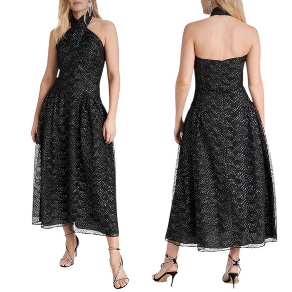 Shoshanna Olivia Metallic Scallope Mesh Halter Neck Black Dress Size 2 - Picture 1 of 14